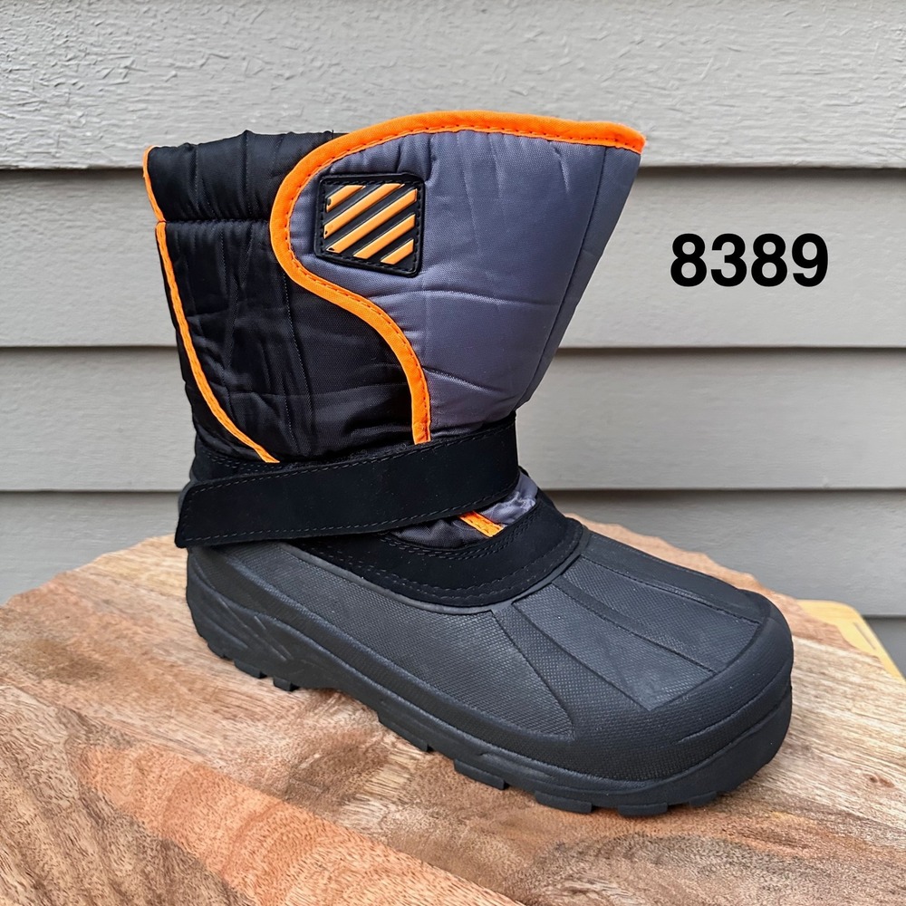Kids Size 6 Black Gray Orange Insulated Winter Snow Boots Hook Loop Cold Weather